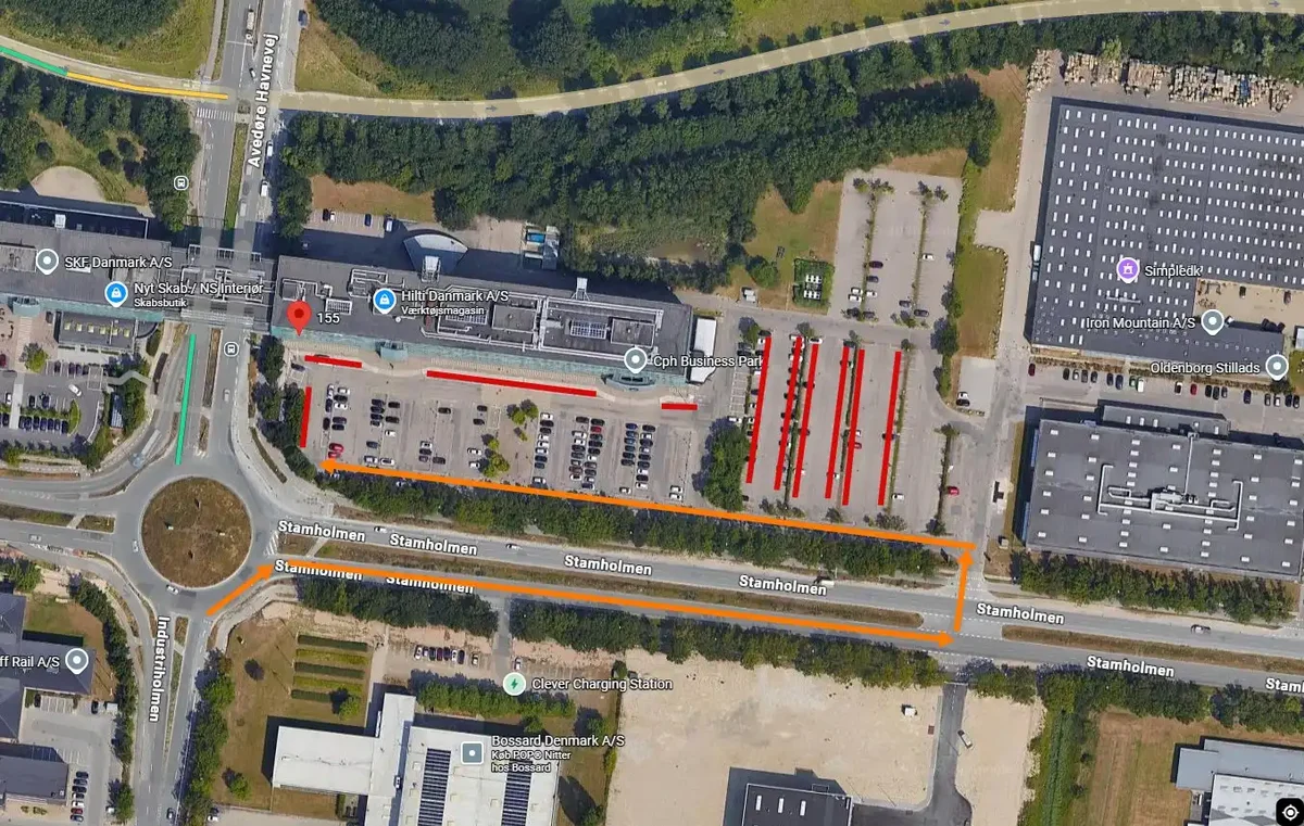 Kort over parkering og indgang ved Stamholmen 155 i Hvidovre
